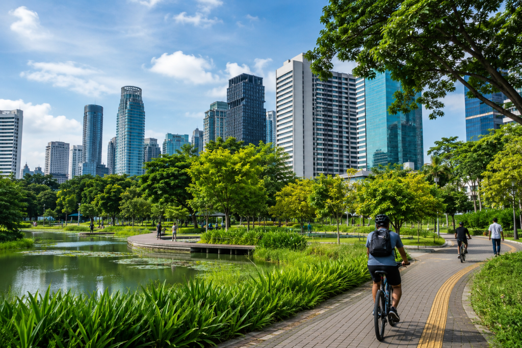 Taman kota hijau dengan jalur sepeda, kolam air, dan pepohonan rindang di tengah gedung pencakar langit modern, menggambarkan konsep urban ecology dan kota berkelanjutan.